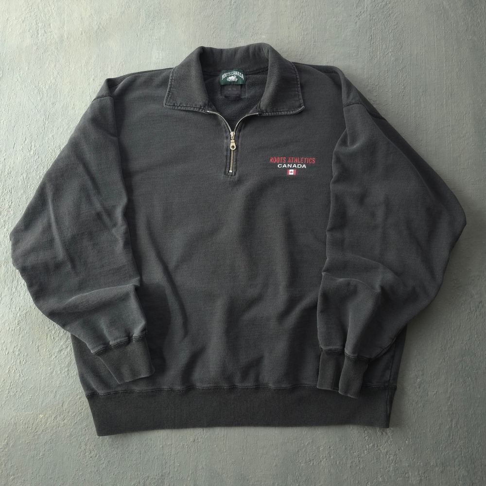Vintage 90s Roots Charcoal Grey Quarter Zip Pullover XL Roots Athletics Canada